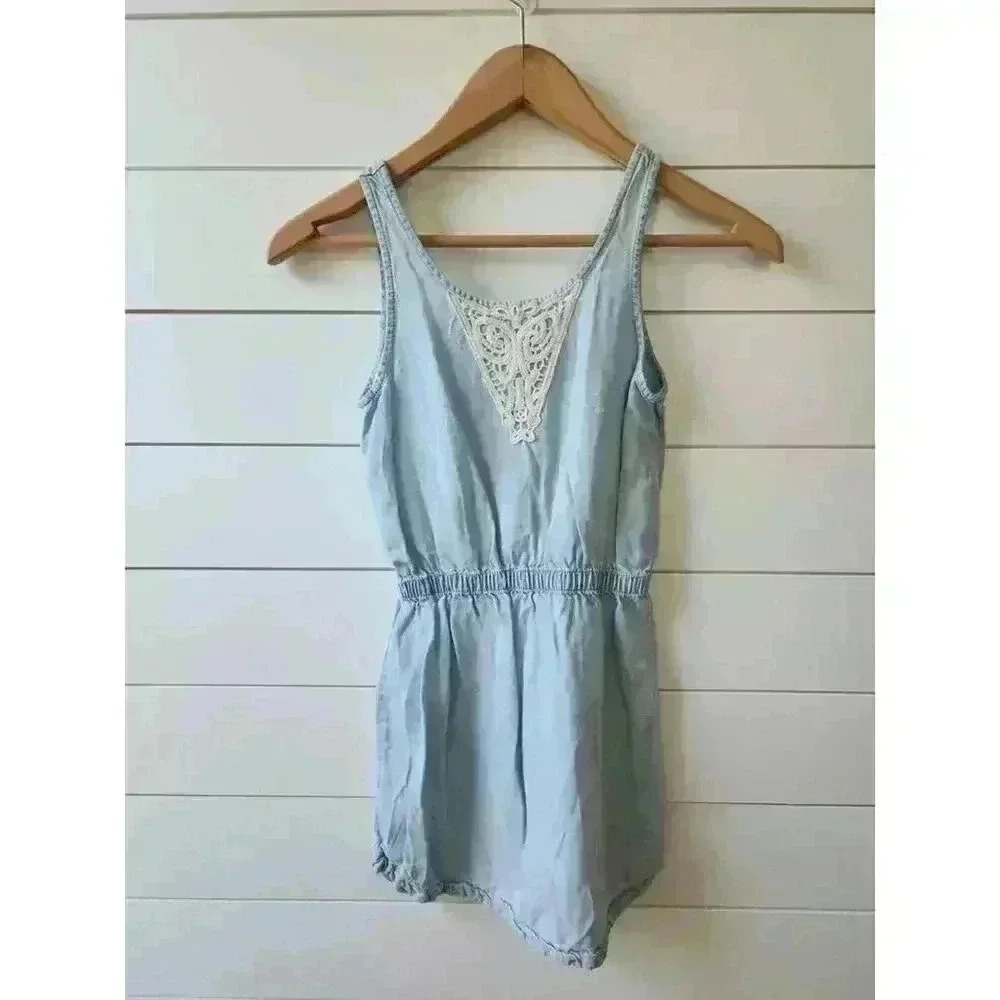 H&M &Denim Girls Size 9/10 Light Denim Dress with Cream Detail